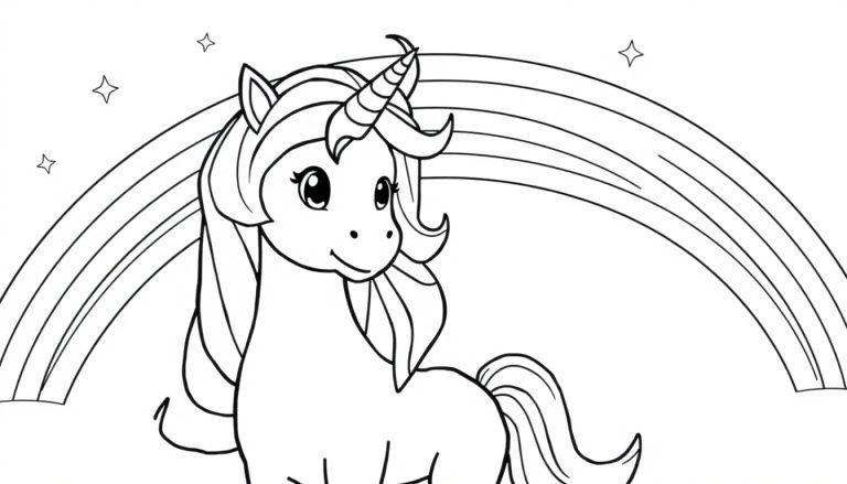 Niedliches Einhorn-Malbuch vor einem Regenbogen, bereit zum Ausmalen.