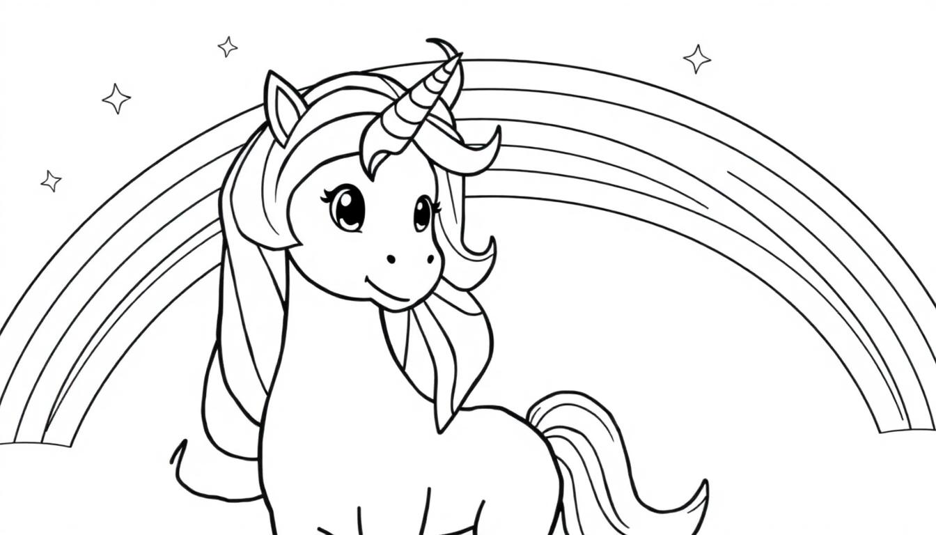 Niedliches Einhorn-Malbuch vor einem Regenbogen, bereit zum Ausmalen.