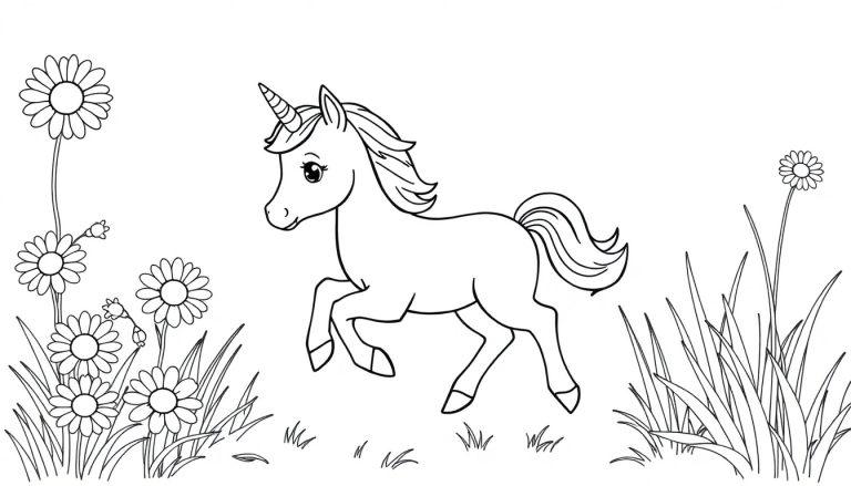 Schwarz-Weiß-Farbtafel eines niedlichen Einhorn-Fohlens, das auf einer Blumenwiese spielt.