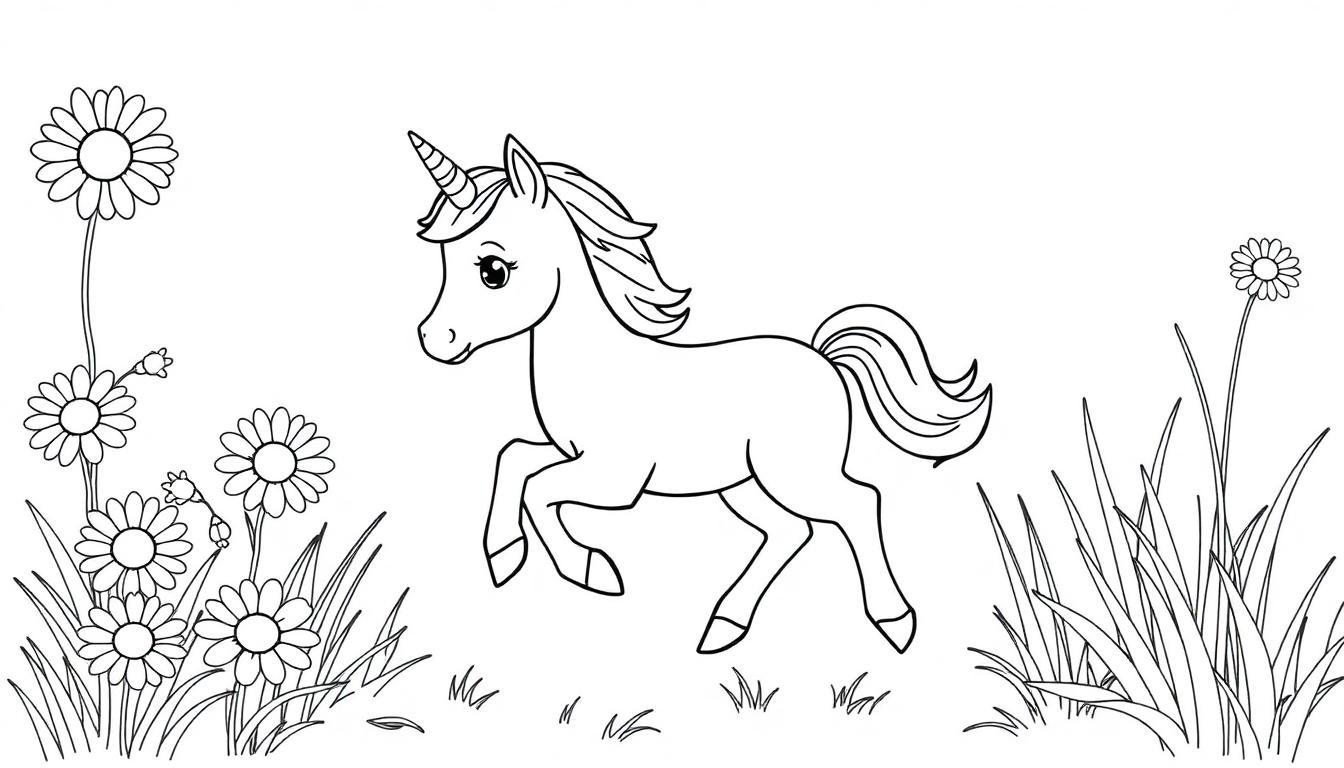 Schwarz-Weiß-Farbtafel eines niedlichen Einhorn-Fohlens, das auf einer Blumenwiese spielt.