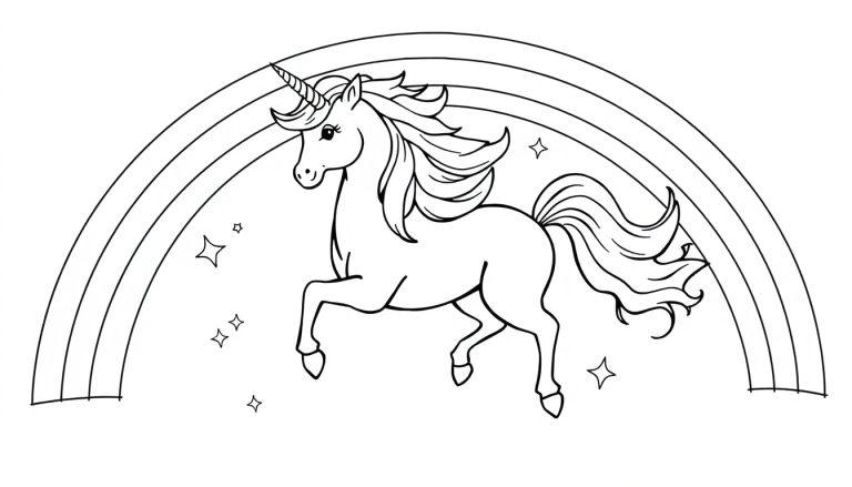 Schwarz-weißes Einhorn galoppiert vor einem Regenbogen, umgeben von Sternen.