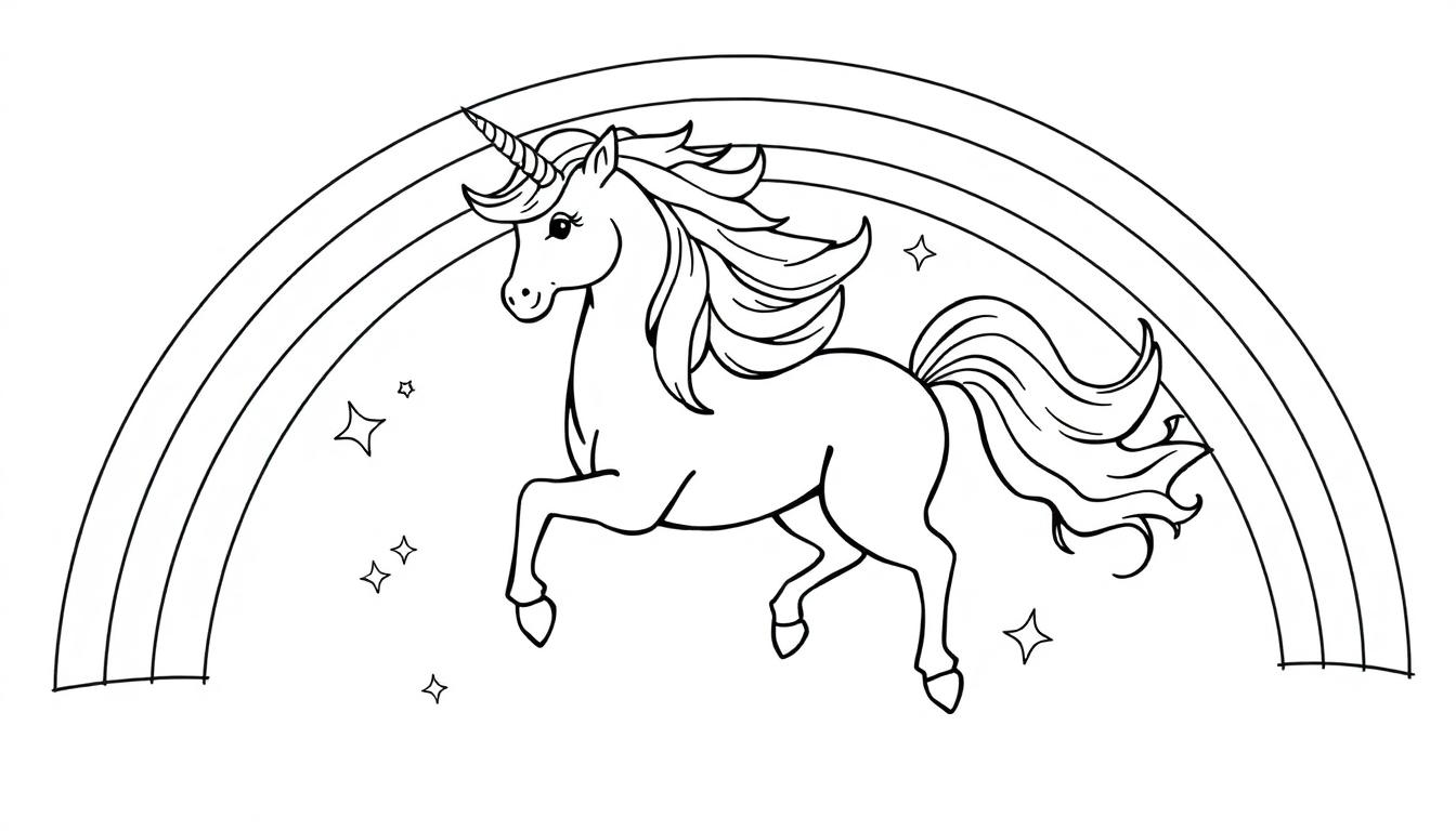 Schwarz-weißes Einhorn galoppiert vor einem Regenbogen, umgeben von Sternen.