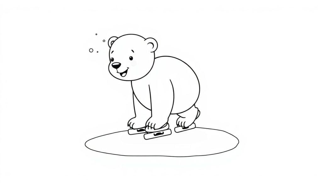 Ein niedlicher Cartoon-Eisbär in einer Schwarz-Weiß-Farbtafel, der auf Schlittschuhen steht und lächelt.