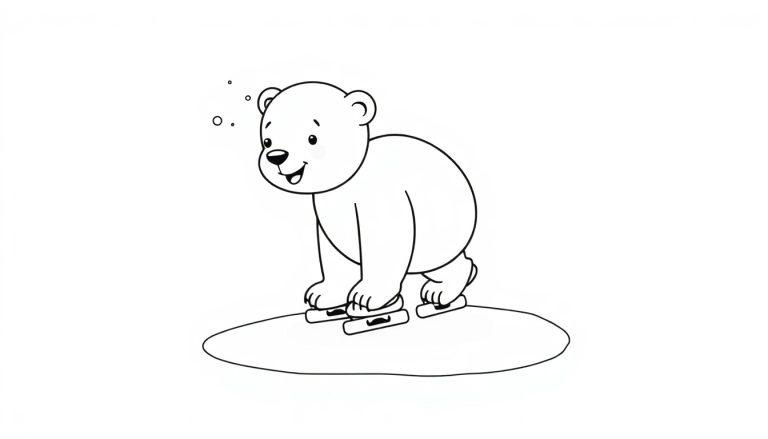 Ein niedlicher Cartoon-Eisbär in einer Schwarz-Weiß-Farbtafel, der auf Schlittschuhen steht und lächelt.