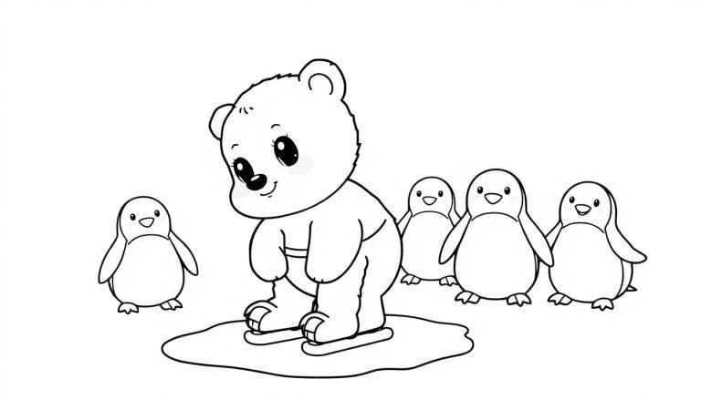 Eine niedliche Schwarz-Weiß-Farbtafel eines Eisbären-Mädchens, das auf Schlittschuhen steht und lächelt, mit vier lächelnden Pinguinen um sich herum. Der Hintergrund ist weiß.