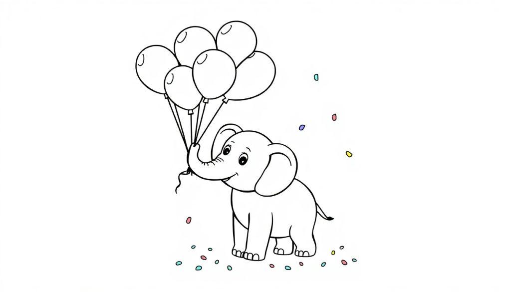 Schwarz-weiße Farbtafel eines niedlichen Elefanten, der bunte Ballons hält, mit Konfetti.