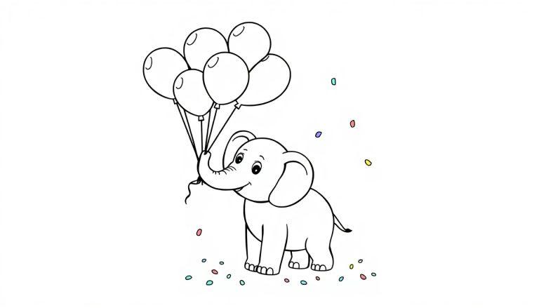 Schwarz-weiße Farbtafel eines niedlichen Elefanten, der bunte Ballons hält, mit Konfetti.