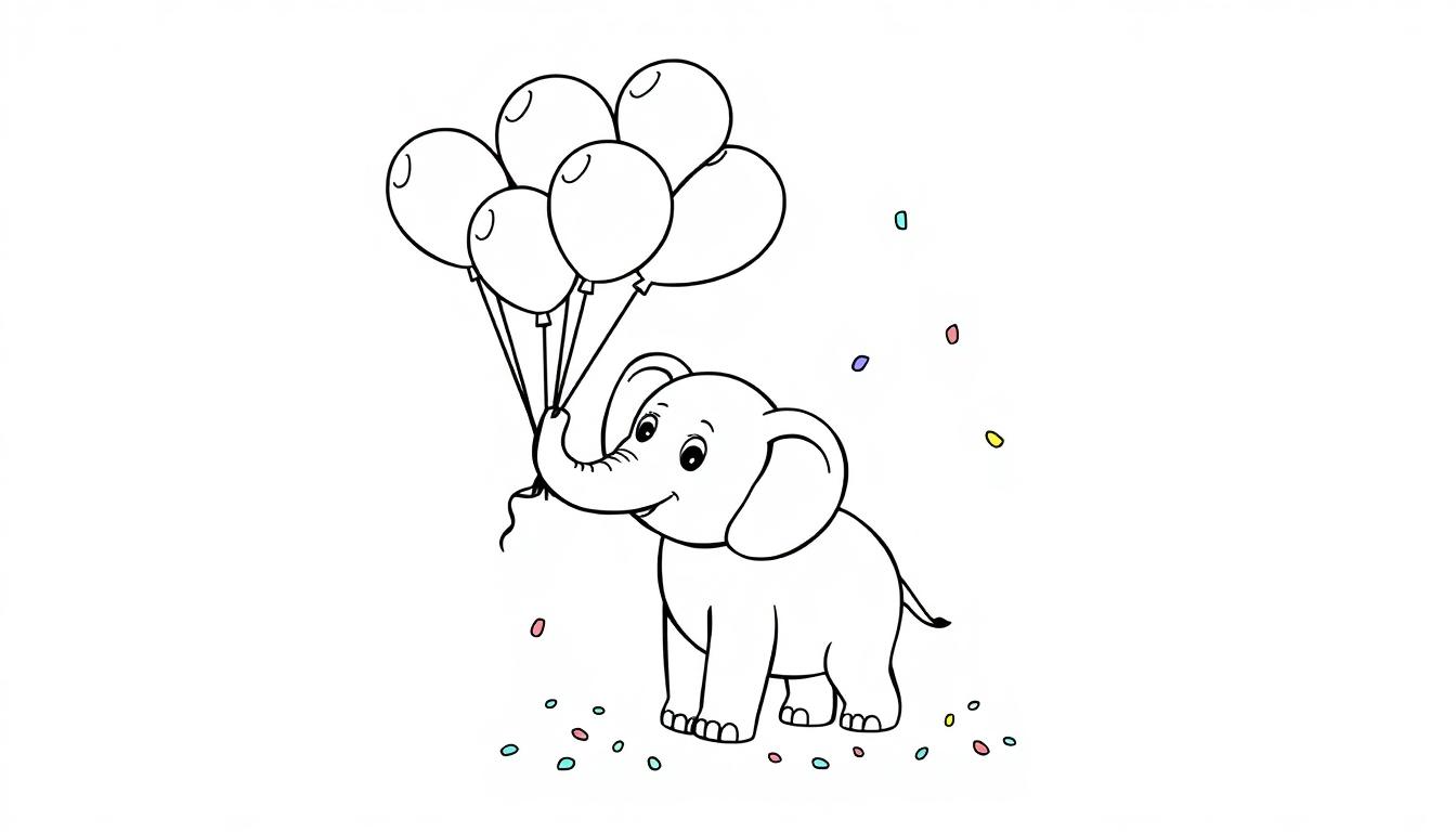 Schwarz-weiße Farbtafel eines niedlichen Elefanten, der bunte Ballons hält, mit Konfetti.