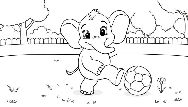 Schwarz-weiße Farbtafel eines niedlichen Cartoon-Elefanten, der im Park Fußball spielt.