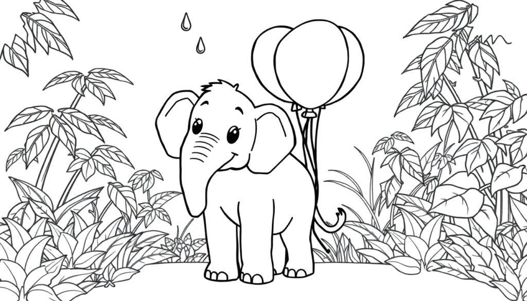 Schwarz-Weiß-Farbtafel eines Cartoon-Elefanten mit Ballons im Dschungel.