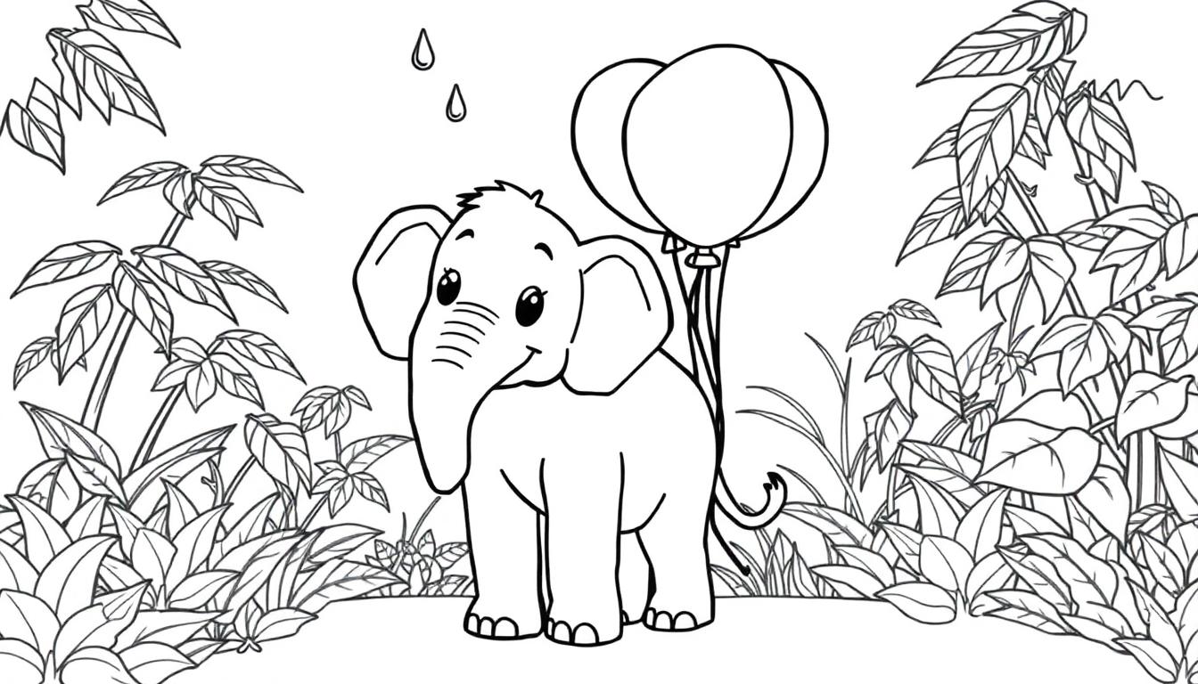 Schwarz-Weiß-Farbtafel eines Cartoon-Elefanten mit Ballons im Dschungel.