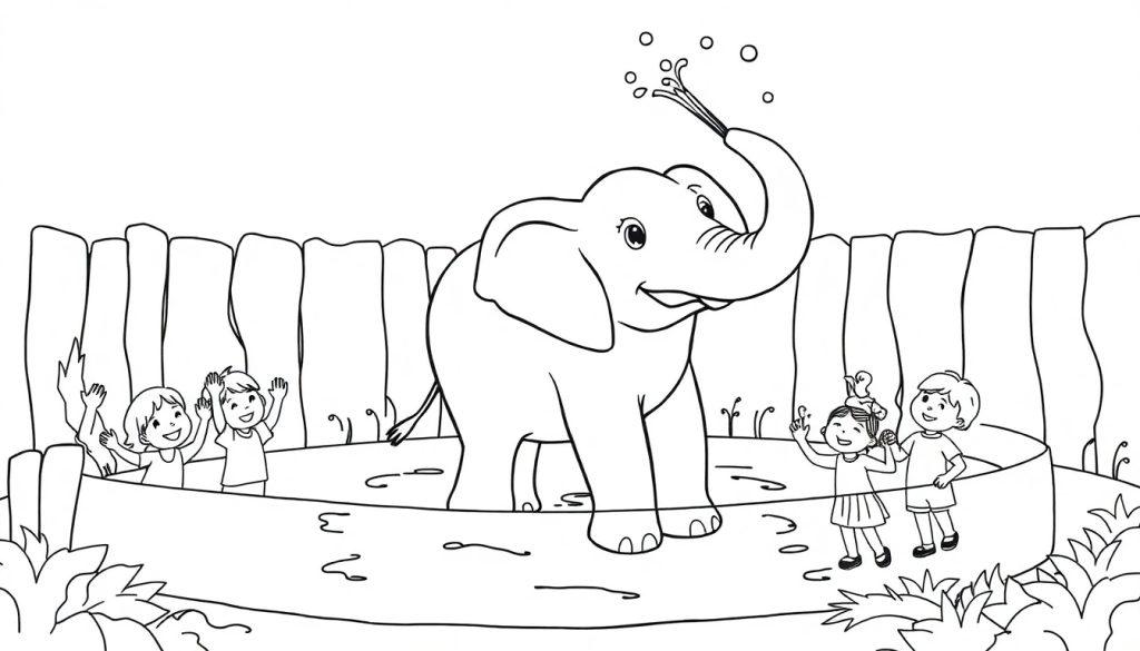 Zeichnung eines Elefanten, der Wasser auf Kinder spritzt
