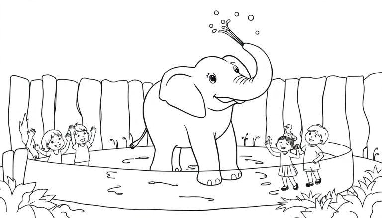 Zeichnung eines Elefanten, der Wasser auf Kinder spritzt