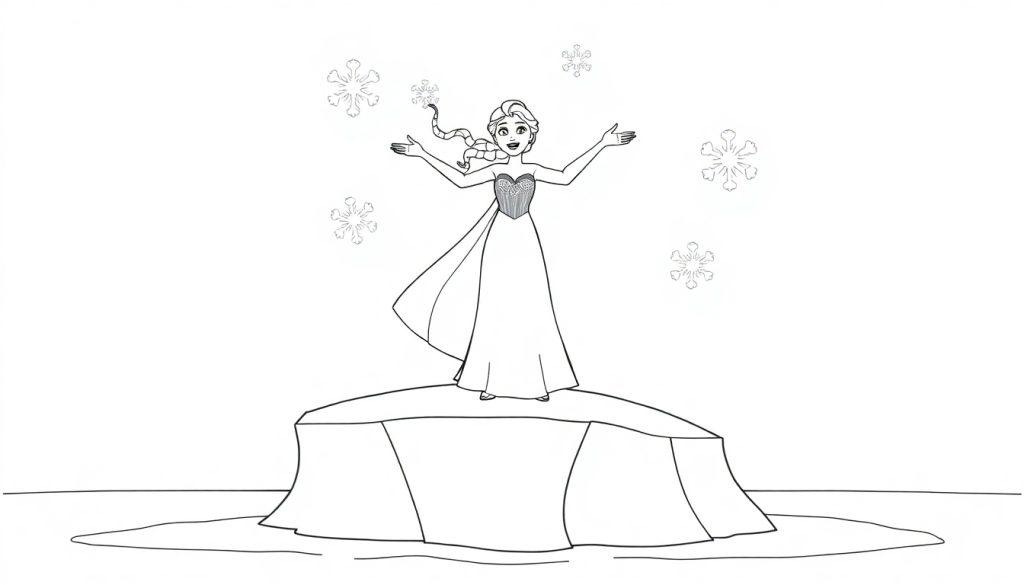 Farbtafel: Schwarz-weiße Illustration von Elsa mit blondem Zopf, die auf einem Eisberg steht und Schneeflocken um sich hat.