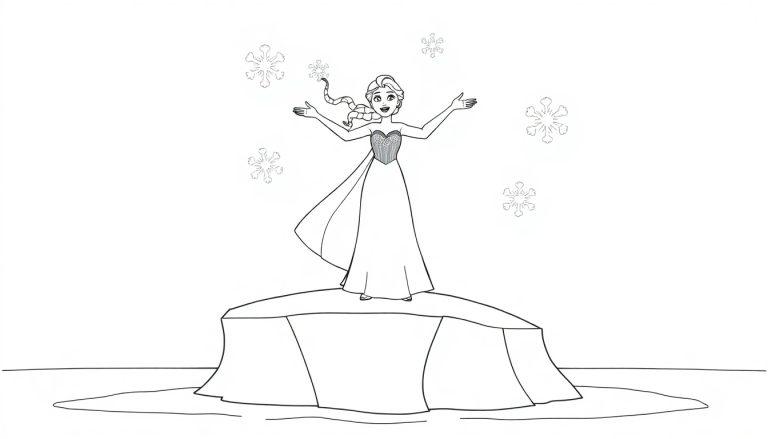 Farbtafel: Schwarz-weiße Illustration von Elsa mit blondem Zopf, die auf einem Eisberg steht und Schneeflocken um sich hat.