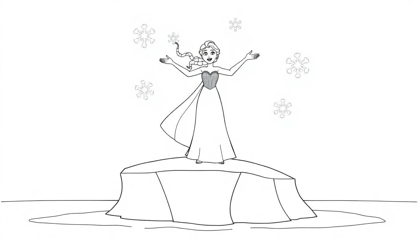 Farbtafel: Schwarz-weiße Illustration von Elsa mit blondem Zopf, die auf einem Eisberg steht und Schneeflocken um sich hat.