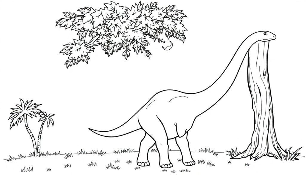 Farbtafel: Ein freundlicher Brachiosaurus frisst Blätter von einem Baum, eine Schwarz-Weiß-Zeichnung zum Ausmalen.