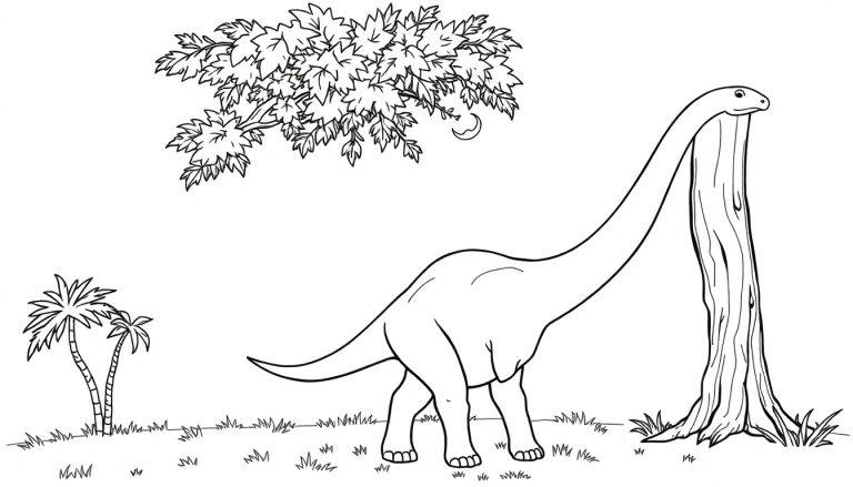 Farbtafel: Ein freundlicher Brachiosaurus frisst Blätter von einem Baum, eine Schwarz-Weiß-Zeichnung zum Ausmalen.