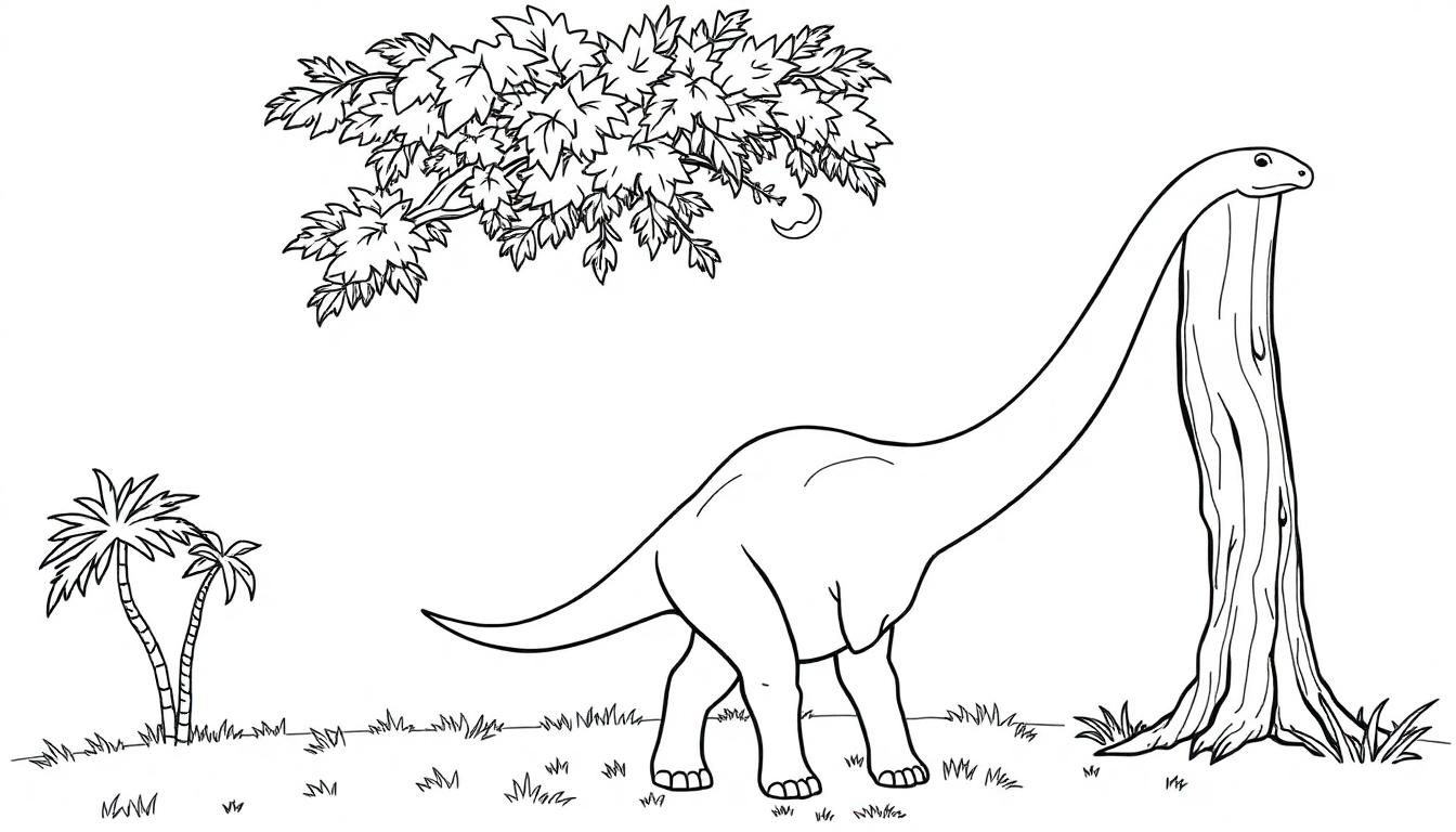 Farbtafel: Ein freundlicher Brachiosaurus frisst Blätter von einem Baum, eine Schwarz-Weiß-Zeichnung zum Ausmalen.