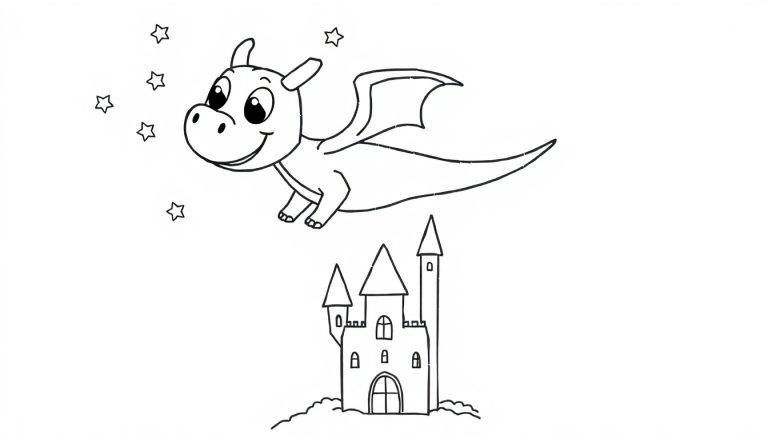 Schwarz-weiß Farbtafel-Ausmalbild eines freundlichen Cartoon-Drachens, der über einem Cartoon-Schloss fliegt, mit Sternen.