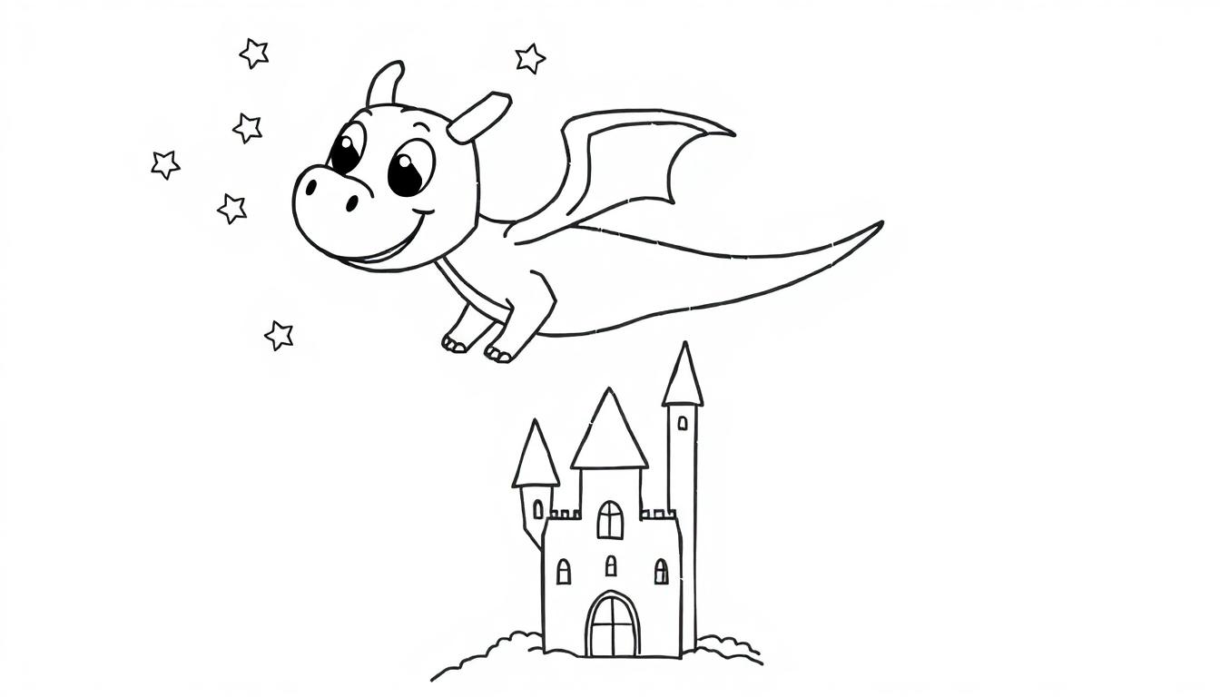 Schwarz-weiß Farbtafel-Ausmalbild eines freundlichen Cartoon-Drachens, der über einem Cartoon-Schloss fliegt, mit Sternen.