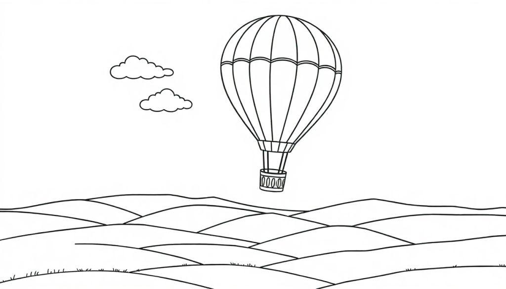 Schwarz-Weiß-Farbtafelzeichnung eines Heißluftballons, der über Hügel schwebt.