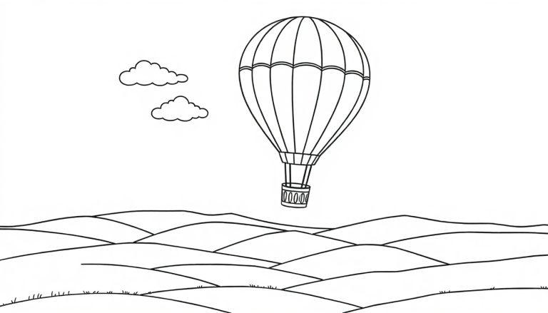 Schwarz-Weiß-Farbtafelzeichnung eines Heißluftballons, der über Hügel schwebt.