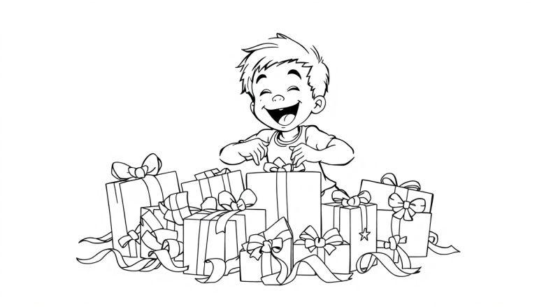 Schwarz-weiße Farbtafel-Illustration eines Jungen, der vor Freude lachend Geschenke öffnet.