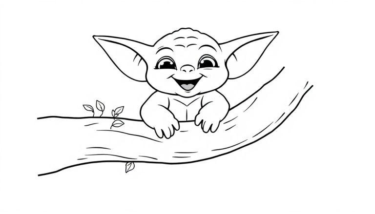 Farbtafel-Zeichnung eines niedlichen Cartoon-Baby-Yodas auf einem Baumstamm.