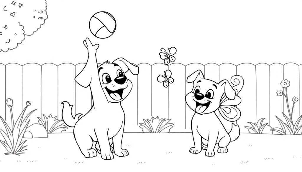 Farbtafel: Bluey und Bingo spielen im Garten, Schwarz-Weiß-Zeichnung für ein Malbuch.