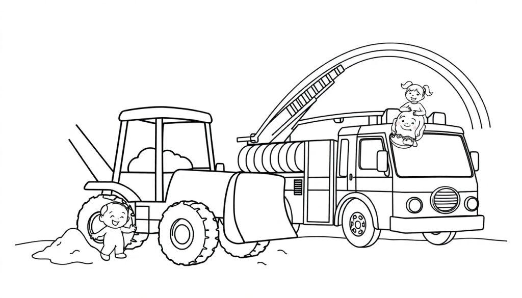 Farbtafel: Schwarz-Weiß-Zeichnung eines Bulldozers mit einem lächelnden Jungen und eines Feuerwehrwagens mit zwei lächelnden Kindern, deren Leiter in einem Bogen über sie hinwegragt.