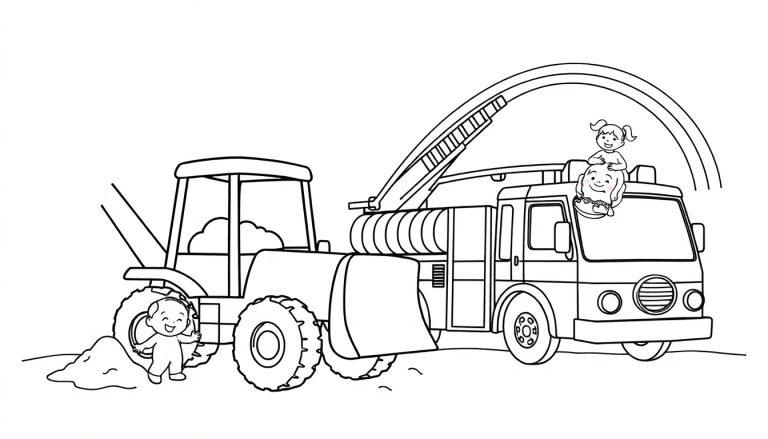 Farbtafel: Schwarz-Weiß-Zeichnung eines Bulldozers mit einem lächelnden Jungen und eines Feuerwehrwagens mit zwei lächelnden Kindern, deren Leiter in einem Bogen über sie hinwegragt.