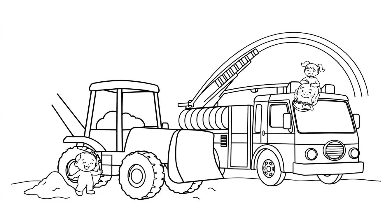 Farbtafel: Schwarz-Weiß-Zeichnung eines Bulldozers mit einem lächelnden Jungen und eines Feuerwehrwagens mit zwei lächelnden Kindern, deren Leiter in einem Bogen über sie hinwegragt.