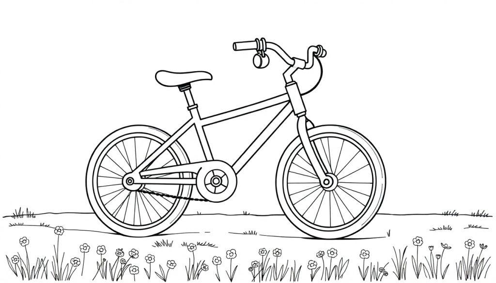 Eine Schwarz-Weiß-Farbtafel eines Cartoon-Fahrrads auf einer Blumenwiese, bereit zum Ausmalen.