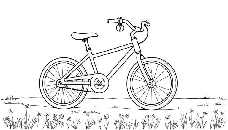 Eine Schwarz-Weiß-Farbtafel eines Cartoon-Fahrrads auf einer Blumenwiese, bereit zum Ausmalen.