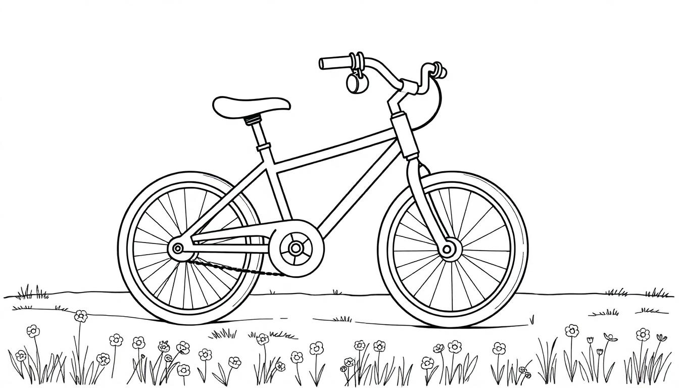 Eine Schwarz-Weiß-Farbtafel eines Cartoon-Fahrrads auf einer Blumenwiese, bereit zum Ausmalen.