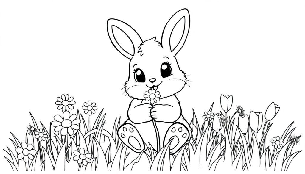 Schwarz-Weiß-Farbtafel: Ein niedliches Häschen sitzt auf einer Blumenwiese und hält eine Blume. Ideal zum Ausmalen für Kinder.