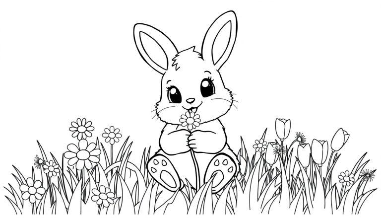 Schwarz-Weiß-Farbtafel: Ein niedliches Häschen sitzt auf einer Blumenwiese und hält eine Blume. Ideal zum Ausmalen für Kinder.