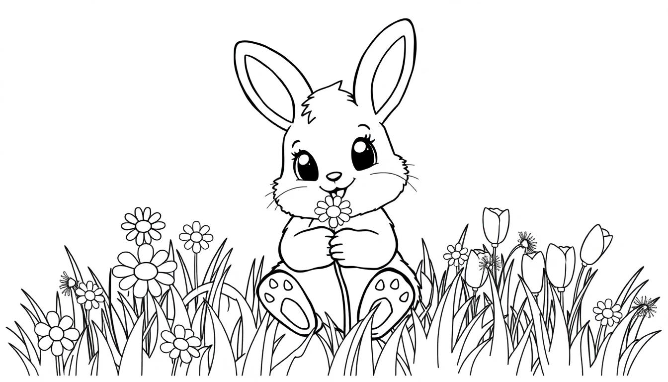 Schwarz-Weiß-Farbtafel: Ein niedliches Häschen sitzt auf einer Blumenwiese und hält eine Blume. Ideal zum Ausmalen für Kinder.