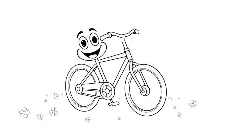 Farbtafel: Ein fröhliches Fahrrad mit einem Gesicht, das auf einer Straße mit Blumen fährt.