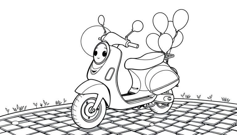 Schwarz-Weiß-Farbtafel-Illustration eines freundlichen Rollers mit Ballons.