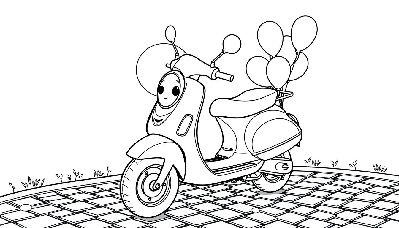 Schwarz-Weiß-Farbtafel-Illustration eines freundlichen Rollers mit Ballons.