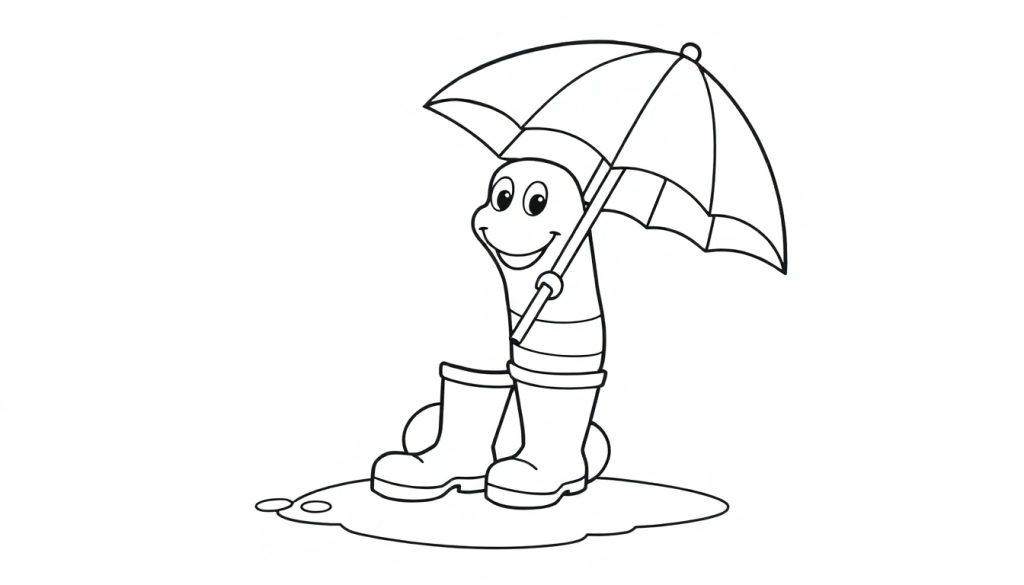 Eine Schwarz-Weiß-Farbtafel-Zeichnung eines freundlichen Cartoon-Wurms in Gummistiefeln, der einen Regenschirm hält.