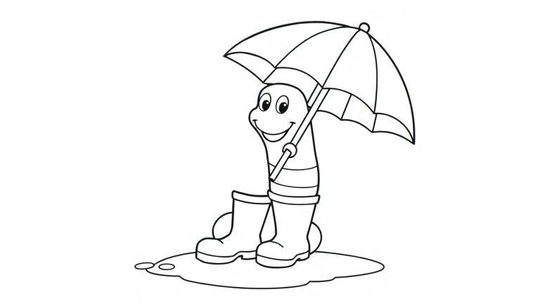 Eine Schwarz-Weiß-Farbtafel-Zeichnung eines freundlichen Cartoon-Wurms in Gummistiefeln, der einen Regenschirm hält.