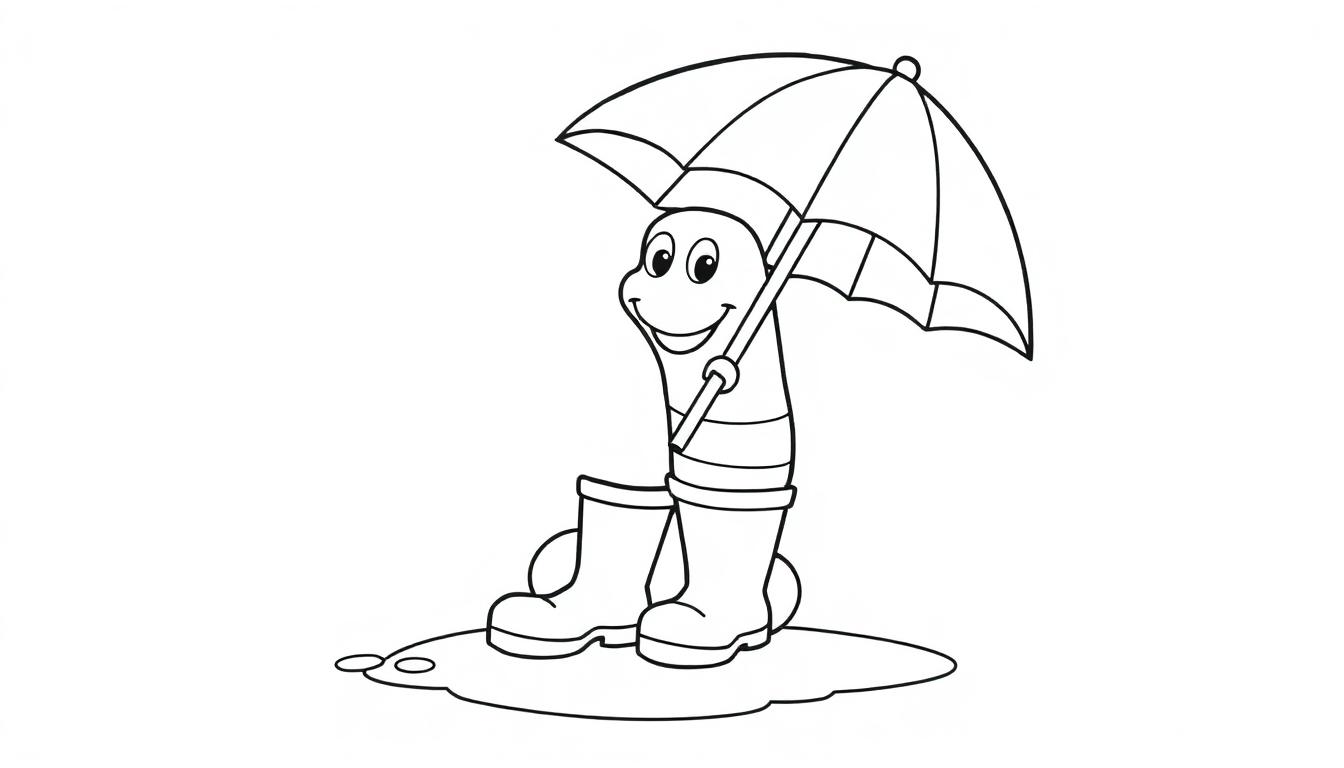 Eine Schwarz-Weiß-Farbtafel-Zeichnung eines freundlichen Cartoon-Wurms in Gummistiefeln, der einen Regenschirm hält.