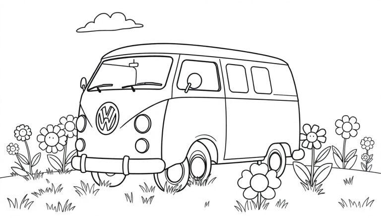 Farbtafel: Freundlicher VW Bulli auf einer Blumenwiese.