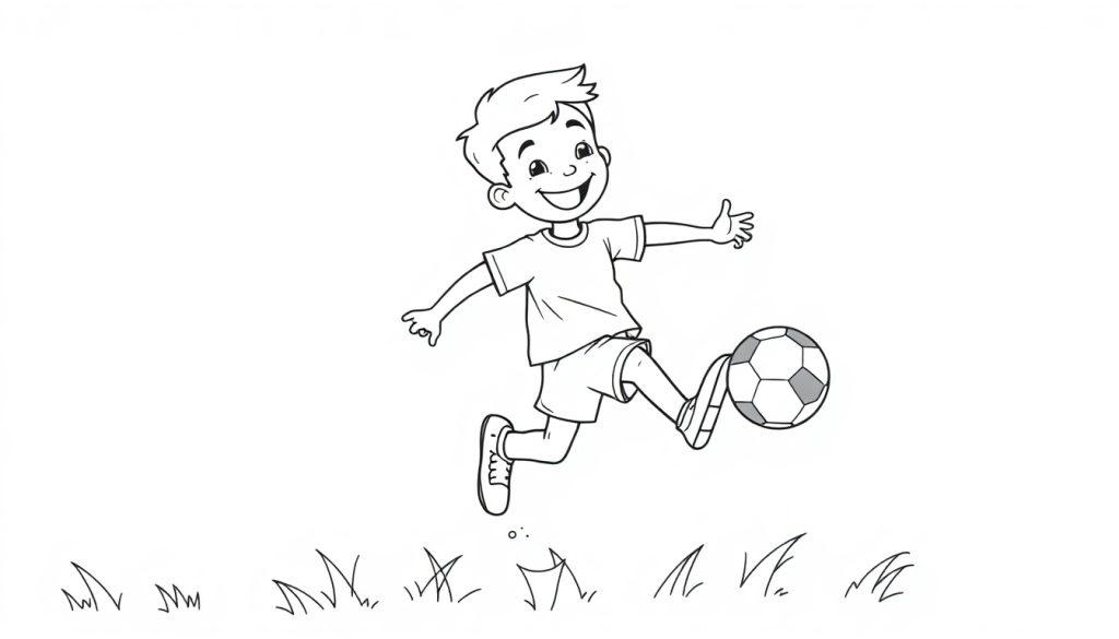 Fröhlicher Junge beim Fußballspiel, Farbtafel.