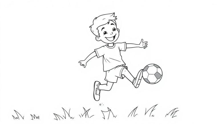 Fröhlicher Junge beim Fußballspiel, Farbtafel.