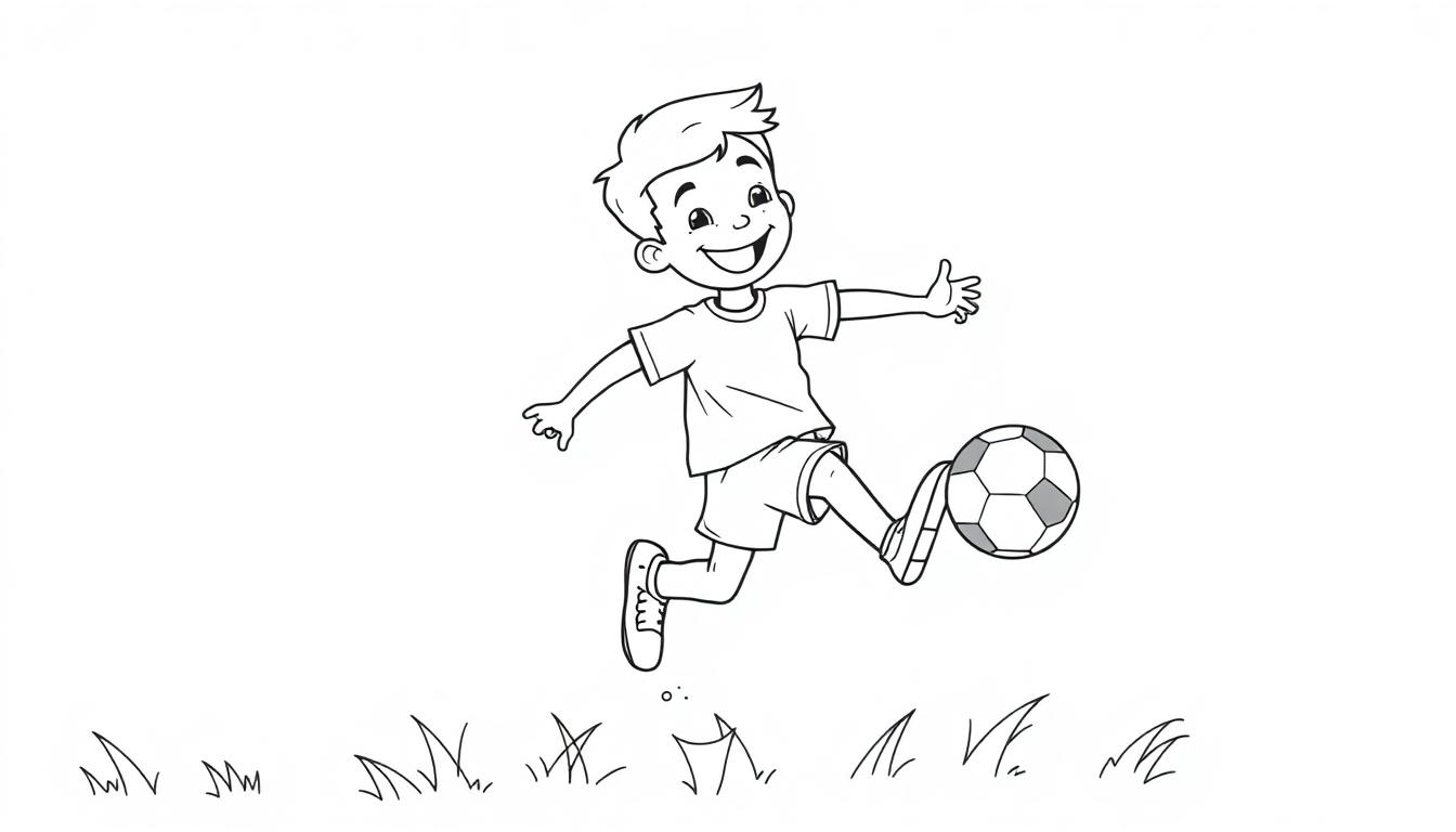 Fröhlicher Junge beim Fußballspiel, Farbtafel.