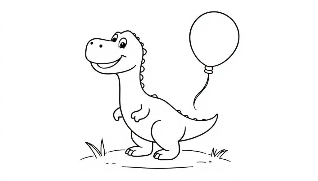 Farbtafel: Ein freundlicher Cartoon-Dinosaurier hält einen Ballon.